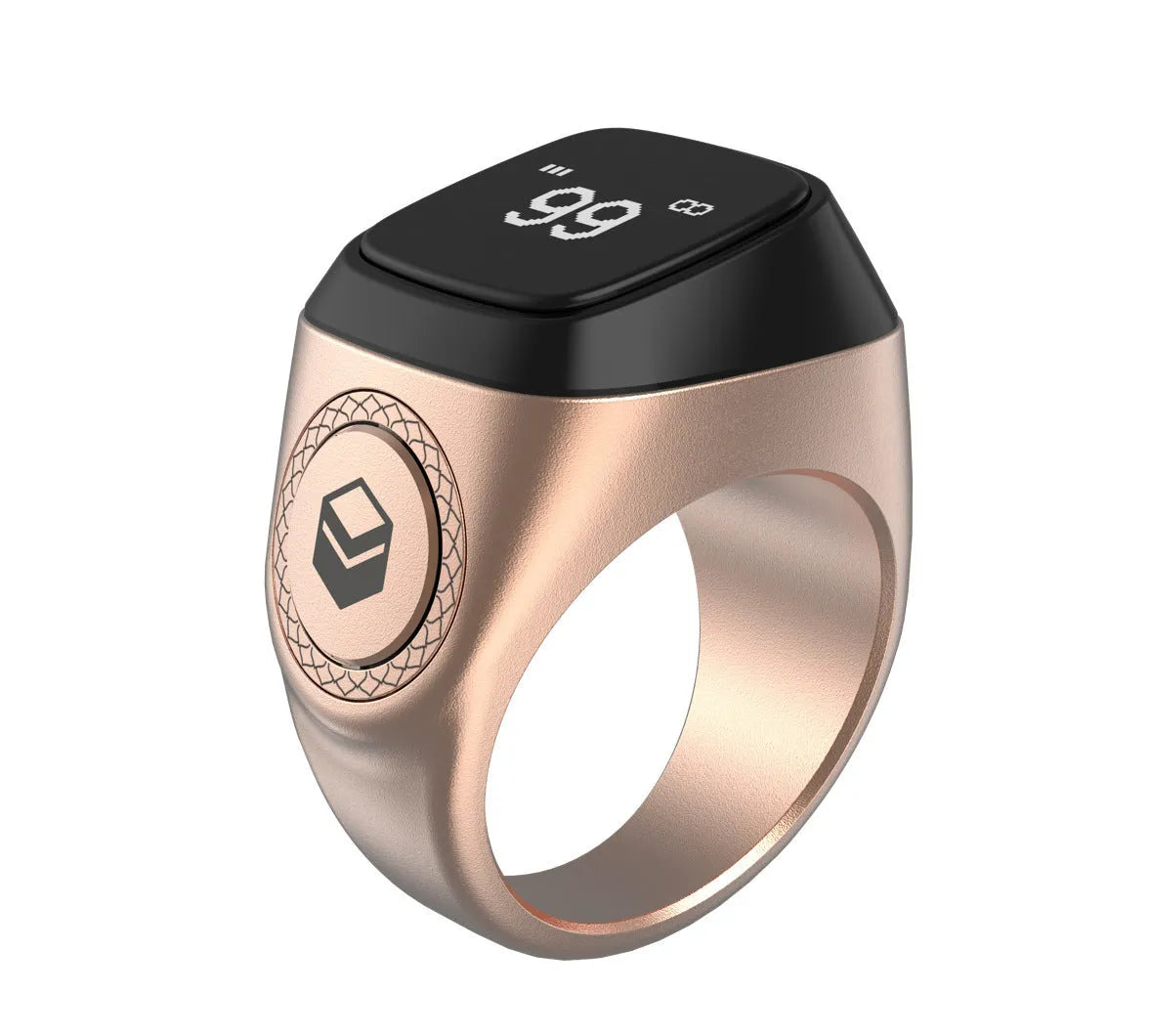 Zikr1 Lite Tasbih smart ring in silver on a charging case with USB cable.