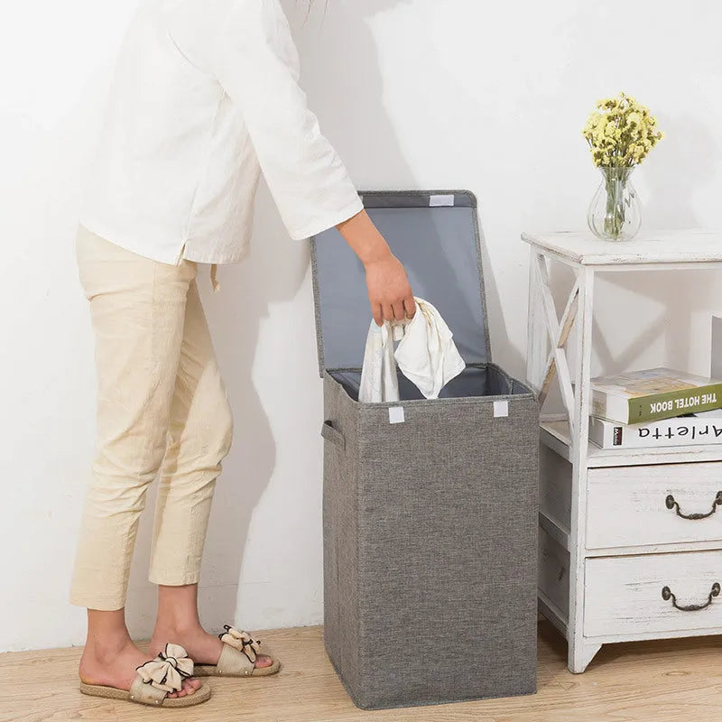 Foldable cotton linen storage basket in modern simple style shown in grey colour
