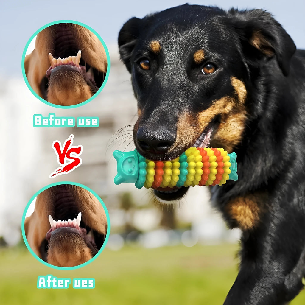 Blue rubber caterpillar-shaped dog chew toy for aggressive chewers