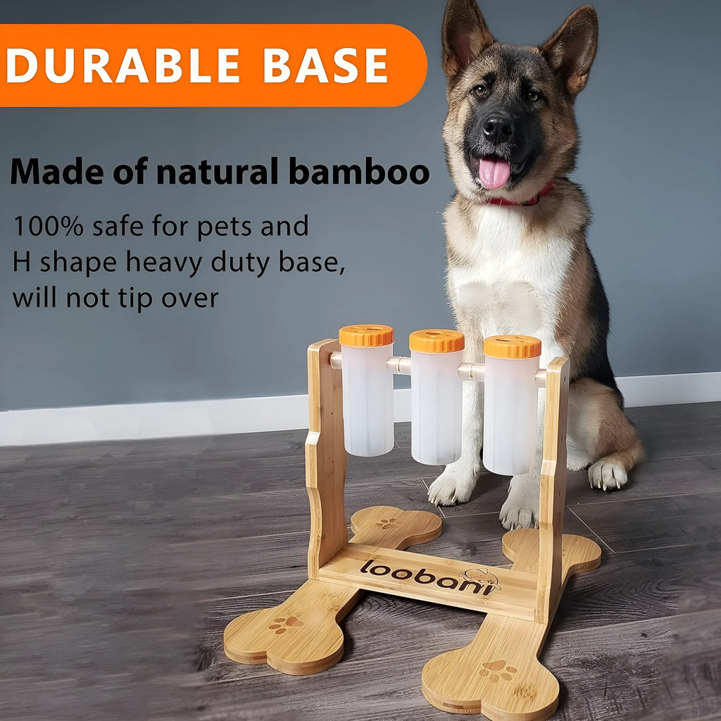 Wooden dog puzzle toy and interactive feeder in natural wood colour, dimensions 31x30x20cm.