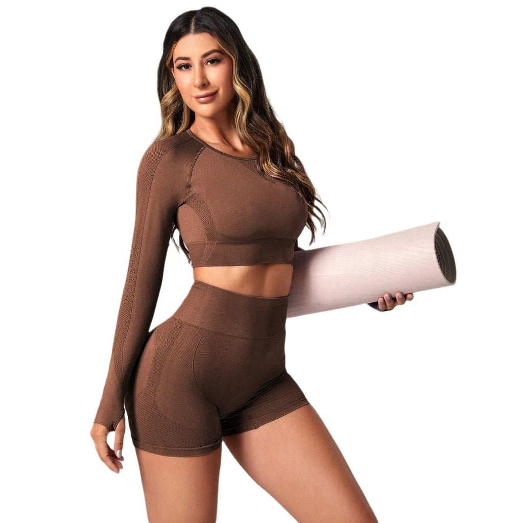 Women's black high-waisted yoga suit set with long sleeves, showing front and back view.