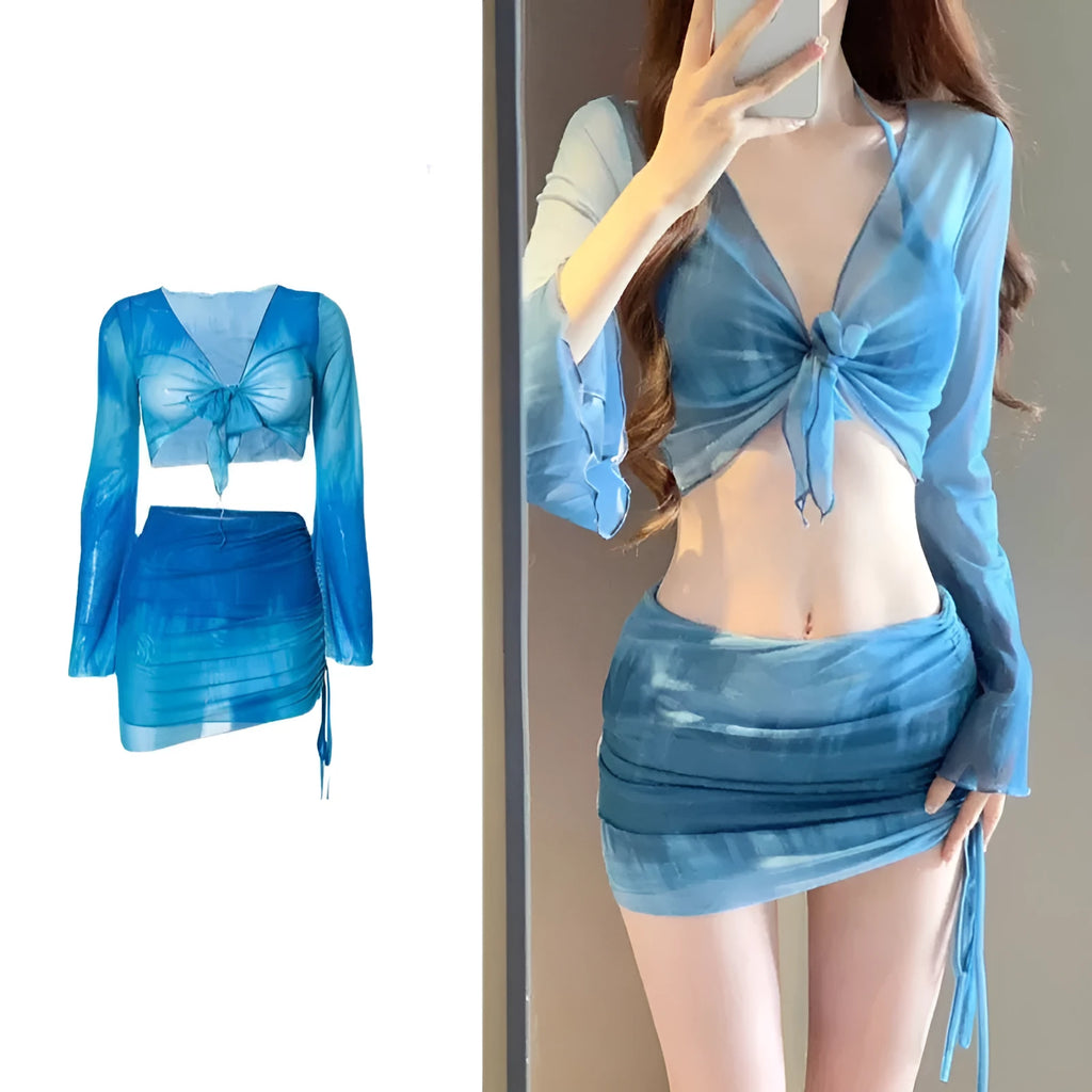 Women's four-piece high waist bikini set in blue and pink with skirt and backless top