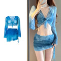 Women's four-piece high waist bikini set in blue and pink with skirt and backless top