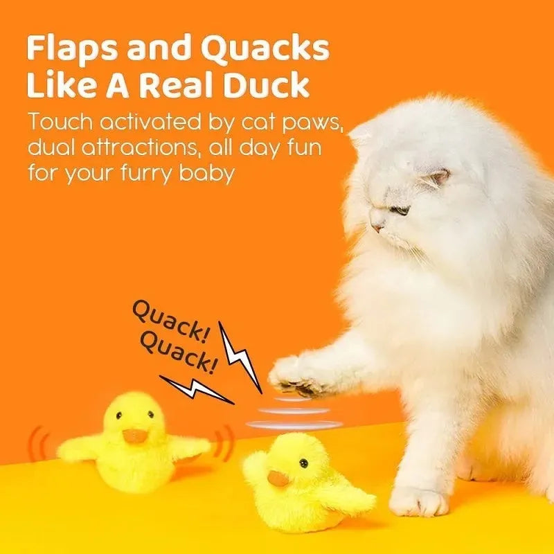 Yellow chick-shaped rechargeable cat plush toy with a removable cover and USB cable.
