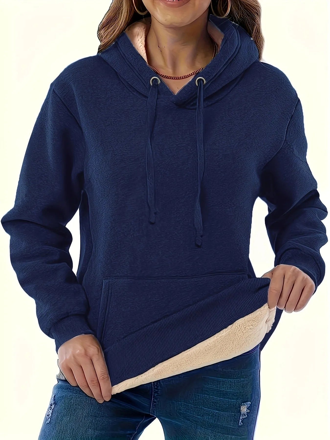 Women's thick grey hooded pullover sweater with 3D pattern and front pockets