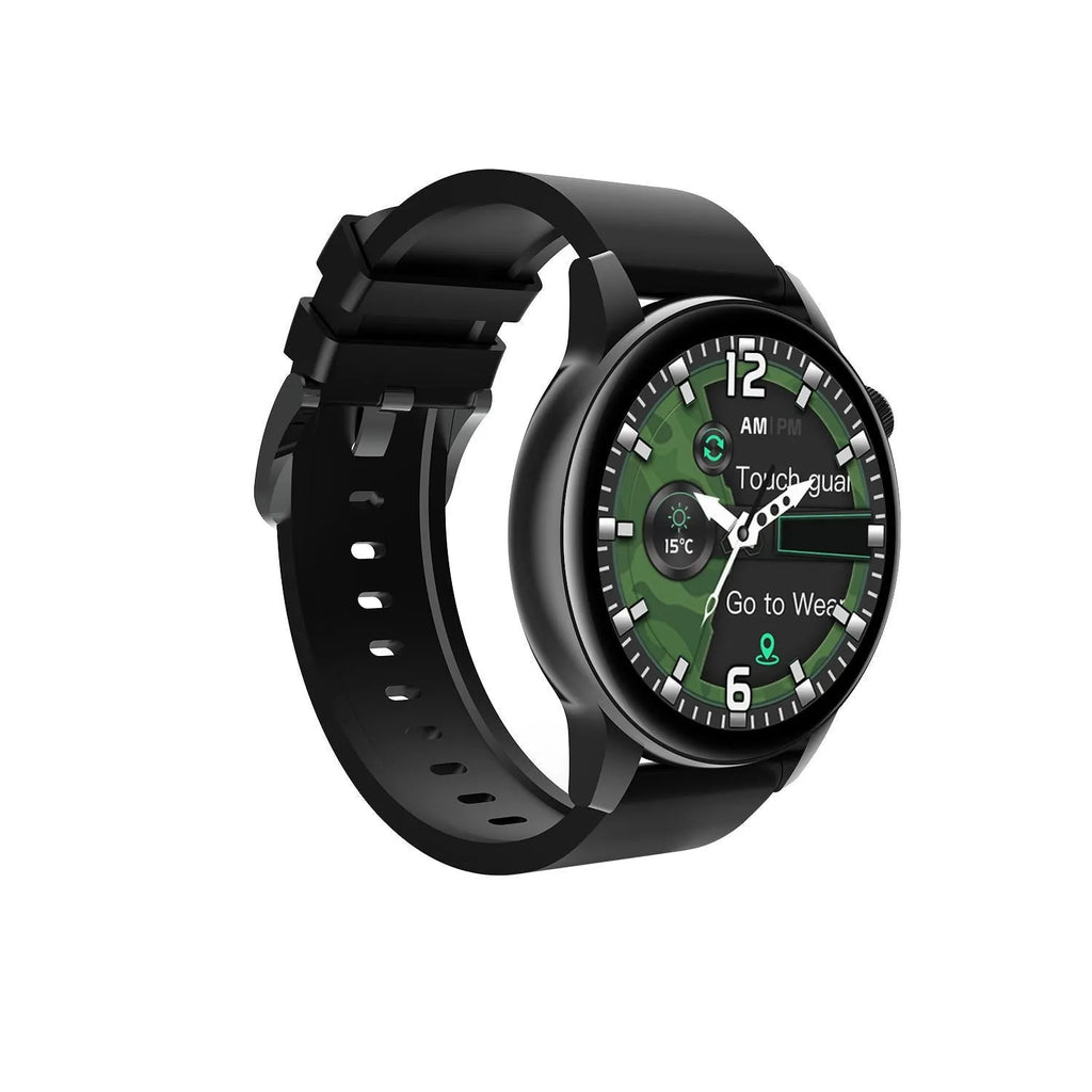 Black smart watch with 1.30-inch colour screen and stainless steel case on wrist