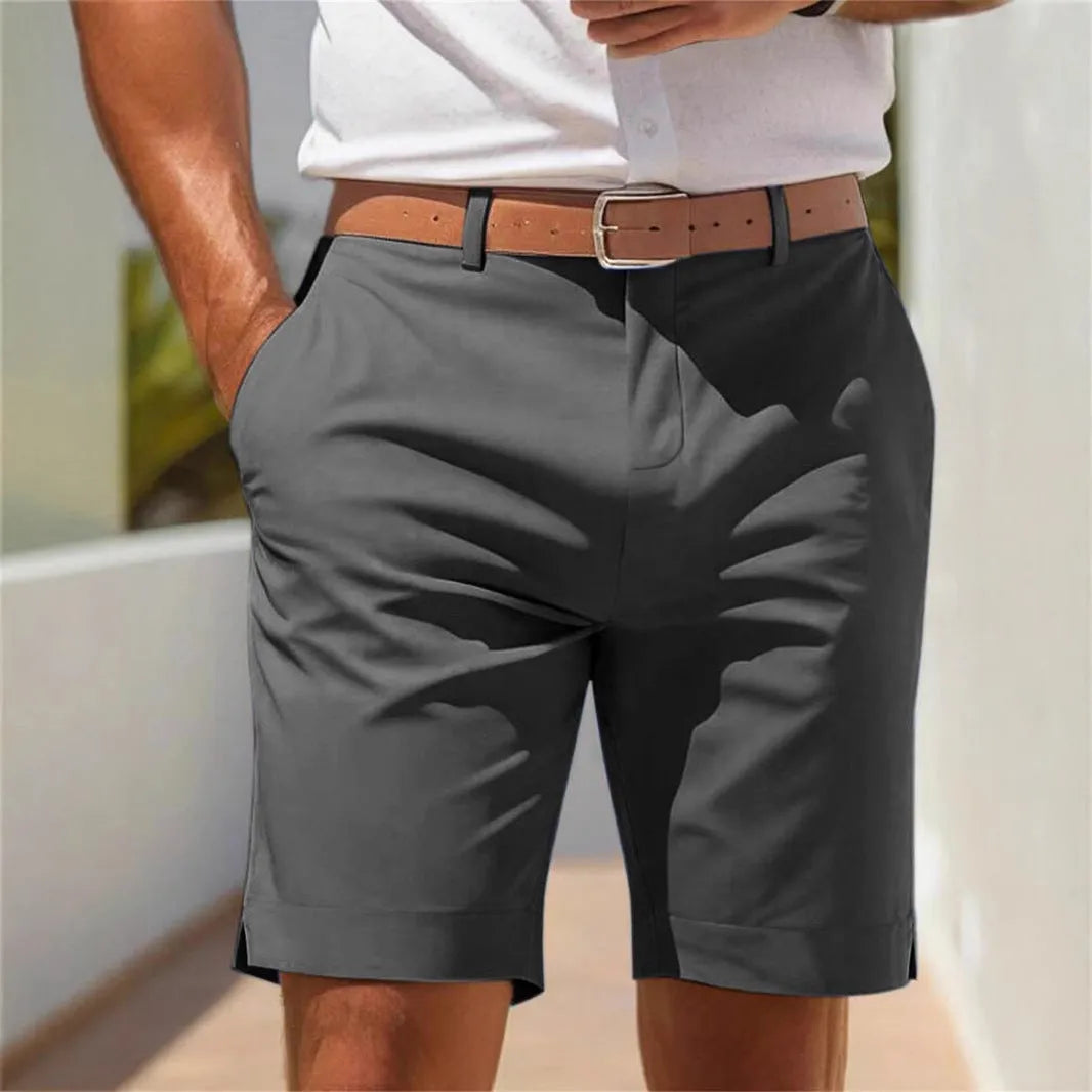 Men's light grey polyester business suit shorts with straight leg cut for summer casual wear