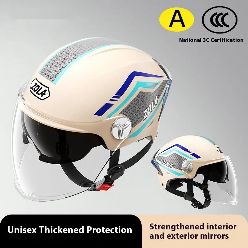 3C certified ABS motorcycle half helmet with a dual mirror sun visor shown in a light brown colour variant.