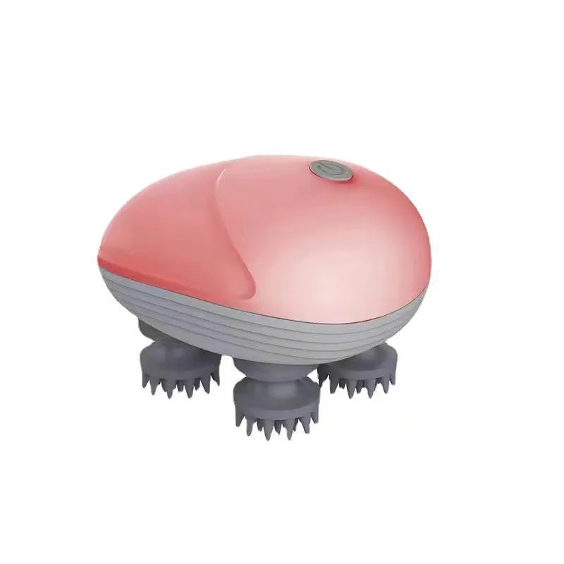 Blue handheld electric pet massager with four rotating heads, shown next to a cat.