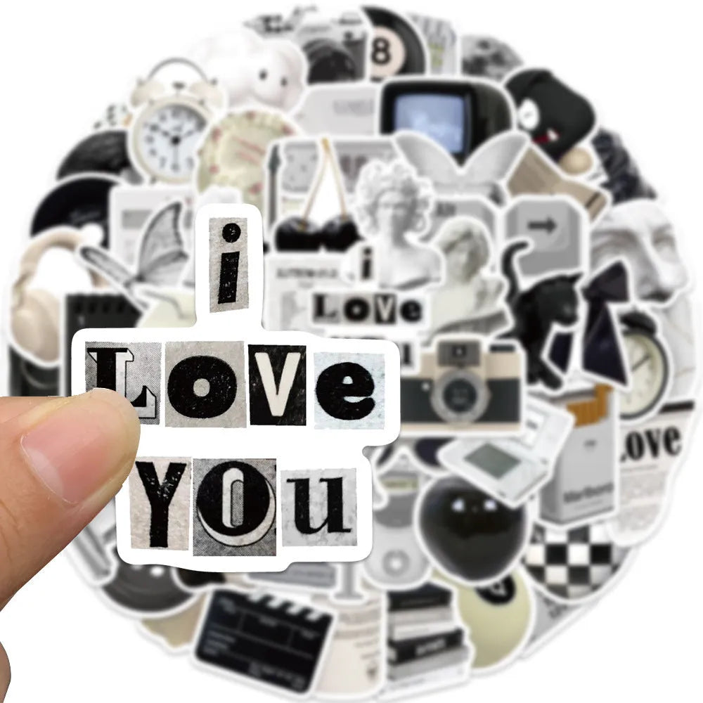 Black and white sticker set with 61 pieces, PVC waterproof material for laptops and cups