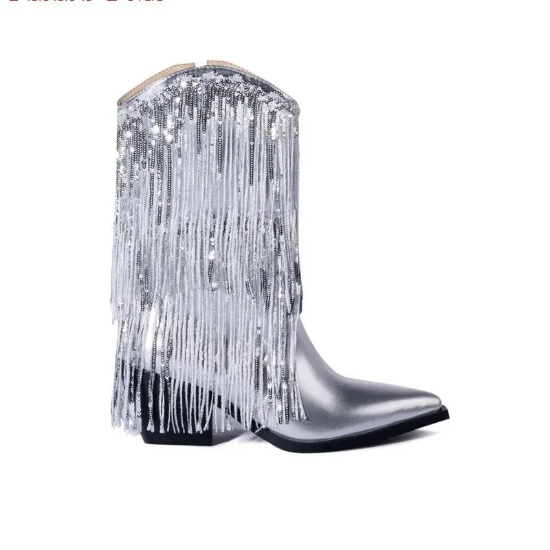 Women's black chunky heel tassel ankle boots with a super-high stiletto heel on a white background.