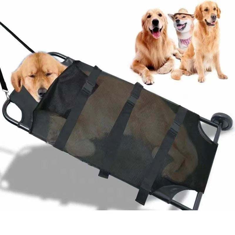 Large black aluminium alloy foldable pet stretcher for emergency dog transfer and rescue.