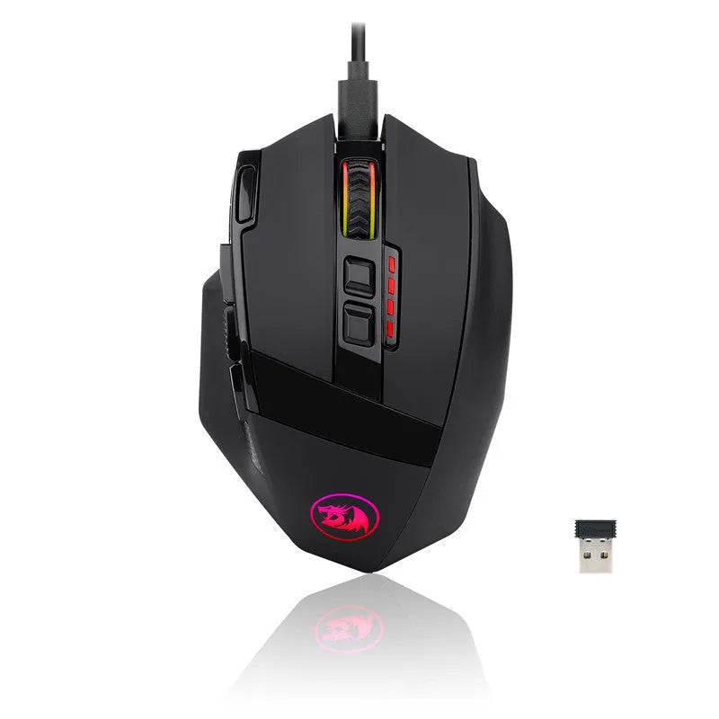 Redragon M801P black dual-mode wireless and wired gaming mouse with nine buttons on an ergonomic design.