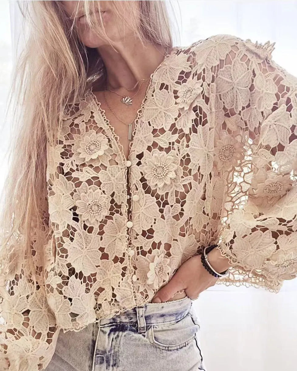 Women's loose fit V-neck cardigan with three-dimensional lace floral decoration in white colour