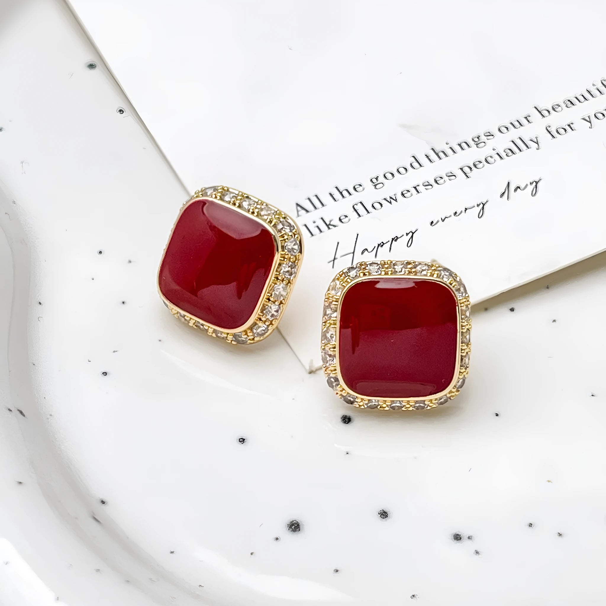 Retro red colour geometric square alloy earrings for women with inlaid design
