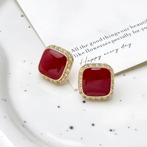 Retro red colour geometric square alloy earrings for women with inlaid design