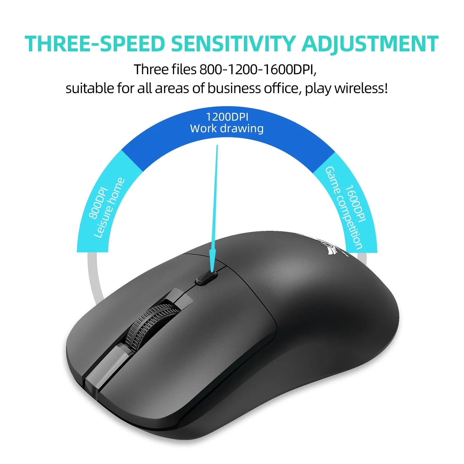 Black wireless mouse with three-gear audio button and photoelectric sensor for laptop computers