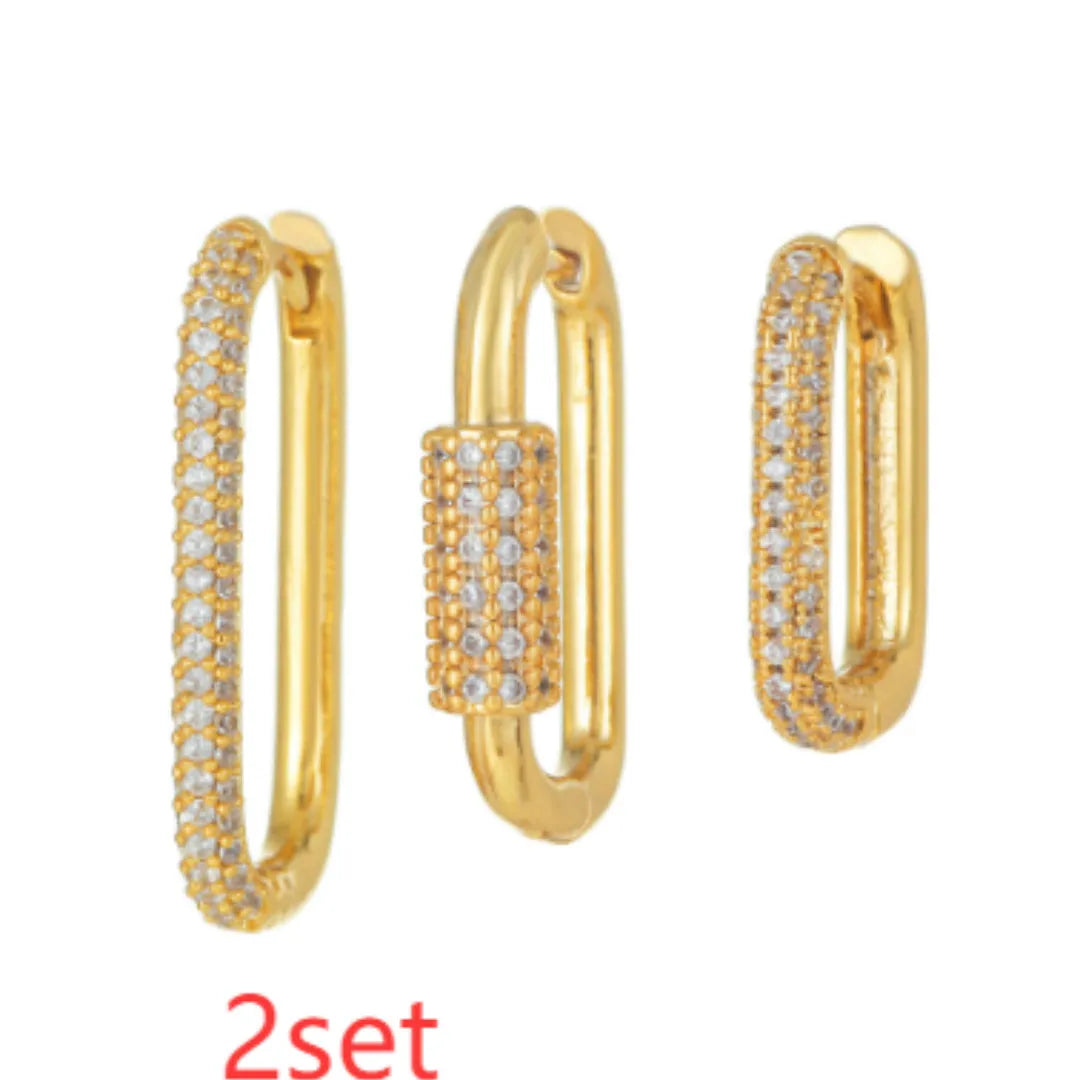 Geometric copper ear clip three-piece set with micro inlaid zircon stones in gold and white colour options