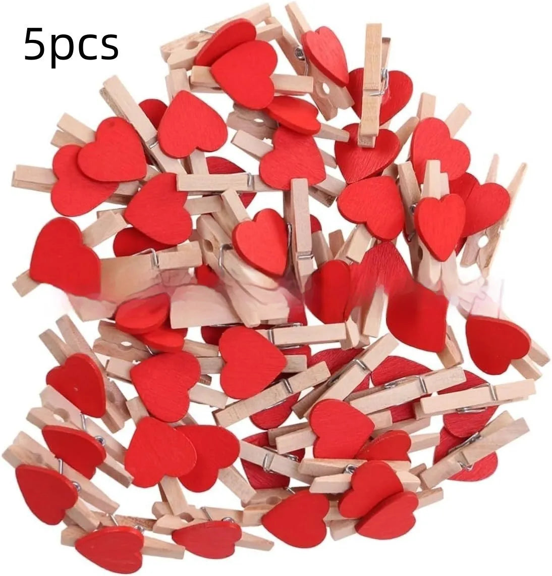 Pack of five solid wood heart-shaped clips in assorted colours on a white background.
