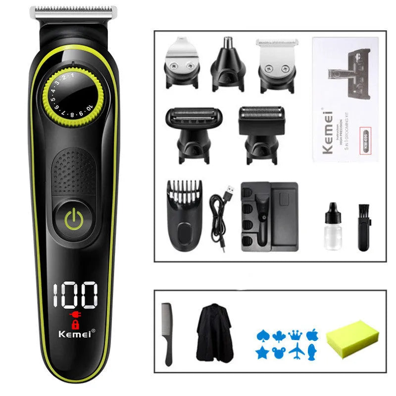 Black KM-696 rechargeable electric hair clipper set with stainless steel blade and cleaning brush