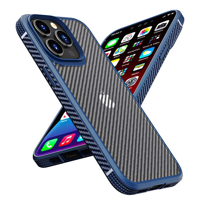 Black anti-fall protective phone case with carbon fibre pattern for Apple iPhone 13.