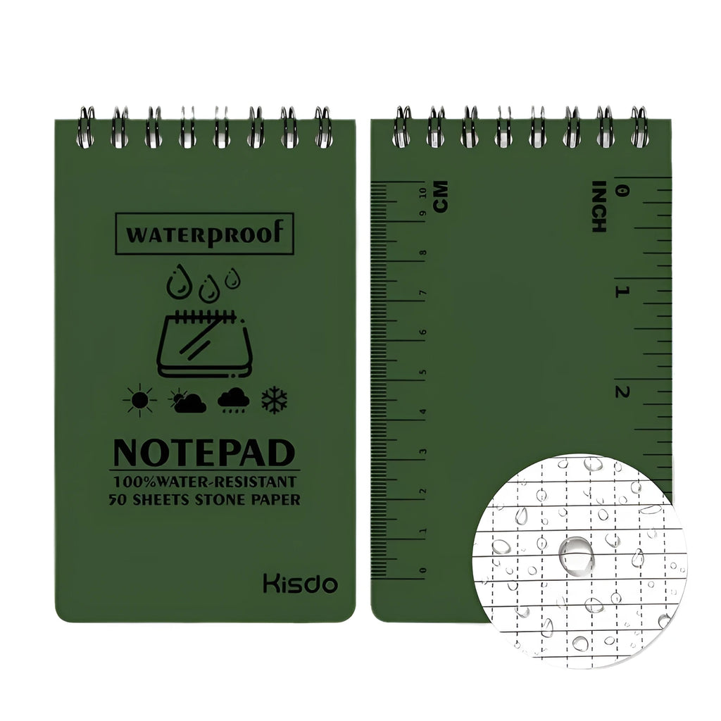 Spiral-bound waterproof notepad with polypropylene cover, open to show stone paper pages, in camouflage colour option.