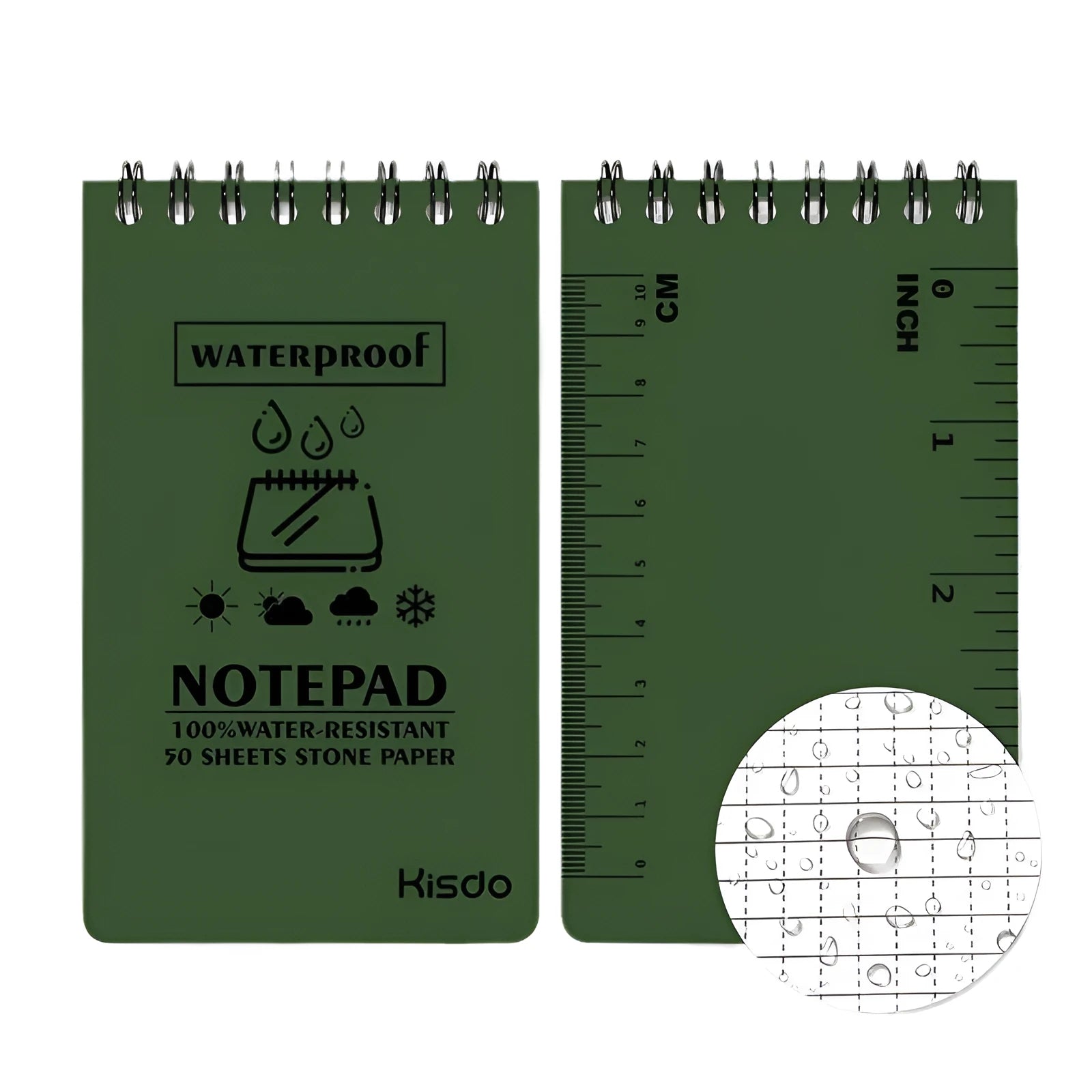 Spiral-bound waterproof notepad with polypropylene cover, open to show stone paper pages, in camouflage colour option.
