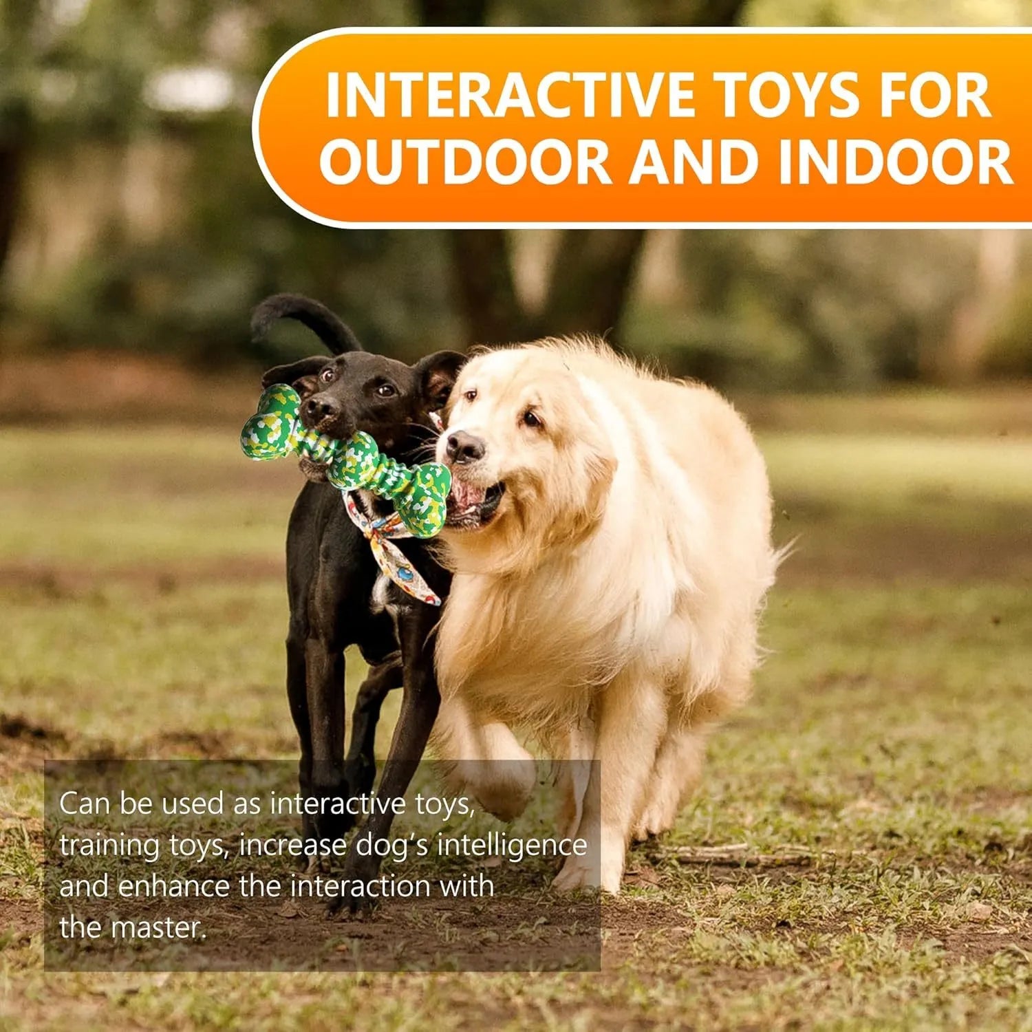 Natural rubber dog chew bone toy for large breeds in camouflage colours, shown in two sizes.