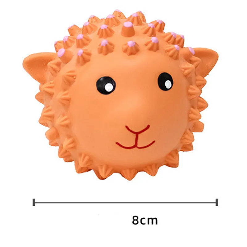 Orange and yellow latex dog toys with spiky texture and animal designs for small medium breeds