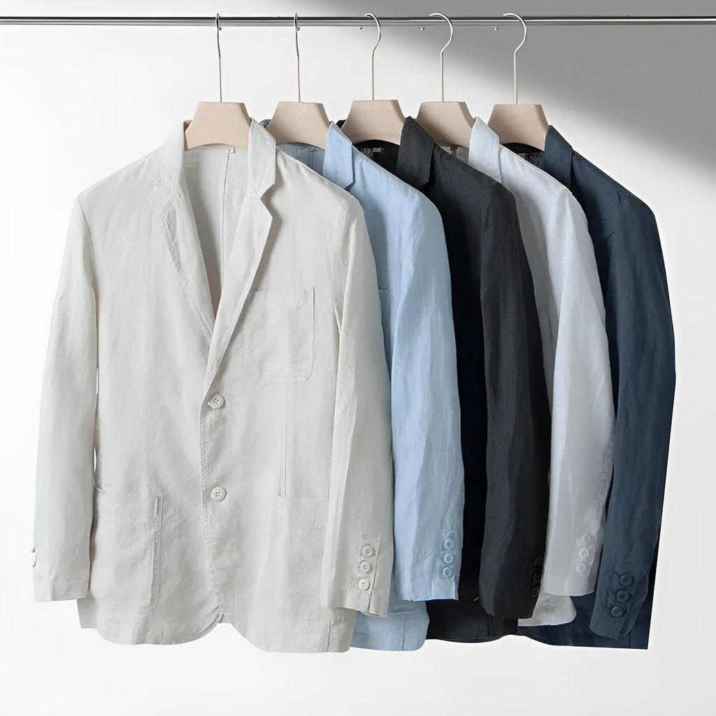 Men's loose-fit linen casual blazer jacket shown in available colours: white, black, natural linen, sky blue, and navy blue.