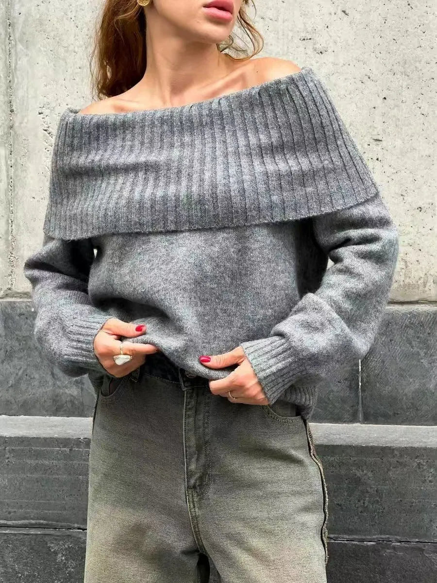 Off-the-shoulder grey acrylic sweater with 3D pattern effect and strapless design