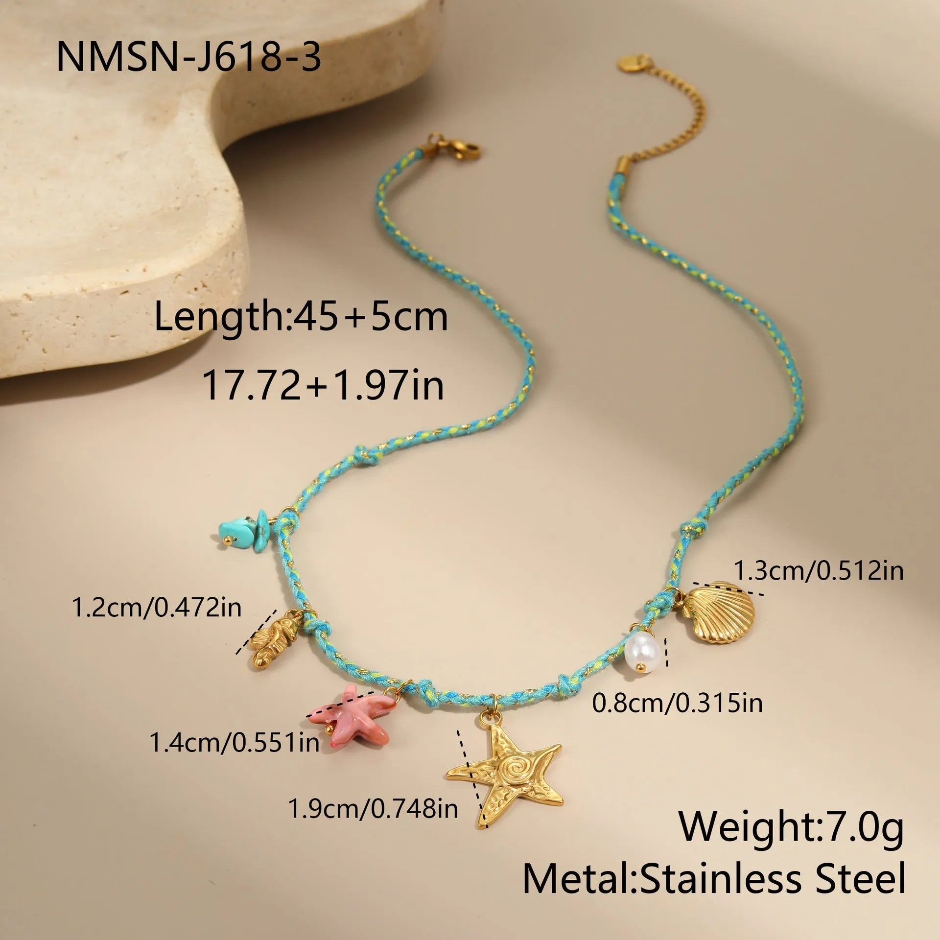 Handmade braided rope necklace and bracelet set with heart pendant in stainless steel