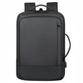 Black business backpack with curved shoulder straps showing waterproof Oxford cloth construction