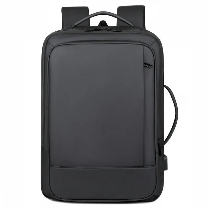 Black business backpack with curved shoulder straps showing waterproof Oxford cloth construction
