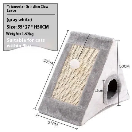 Grey and white triangle-shaped cat scratching post with an integrated plush fur bed for lounging.