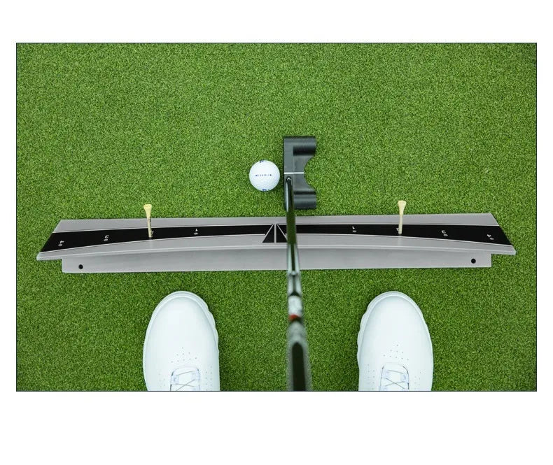 Golf putter trajectory balance simulator with adjustable push rod mechanism