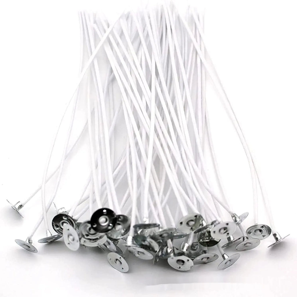 White cotton candle wicks showing three length options: 2.6cm, 6cm and 8cm for DIY candle making