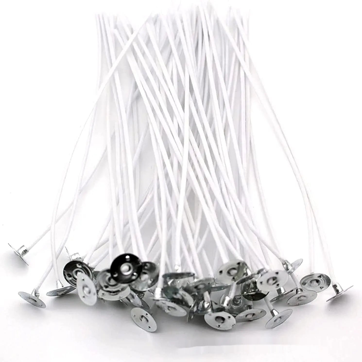 White cotton candle wicks showing three length options: 2.6cm, 6cm and 8cm for DIY candle making