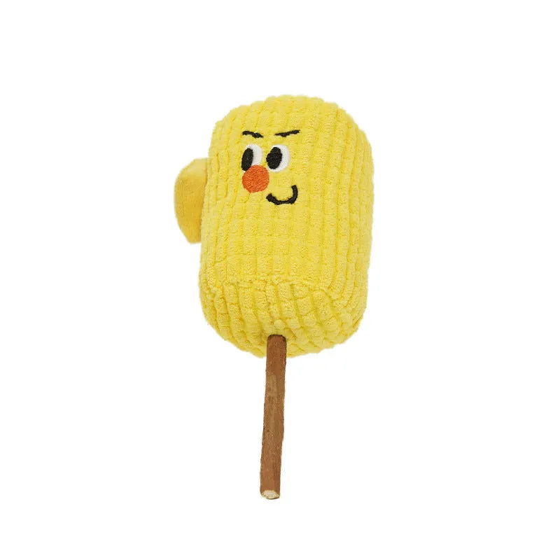 Corn cob shaped cat dental toy made from polio wood measuring 7cm by 6cm by 15cm