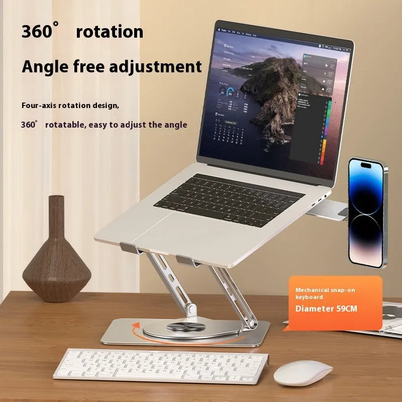 Silver carbon steel laptop stand with 360-degree rotation and a side-mounted magnetic phone holder.