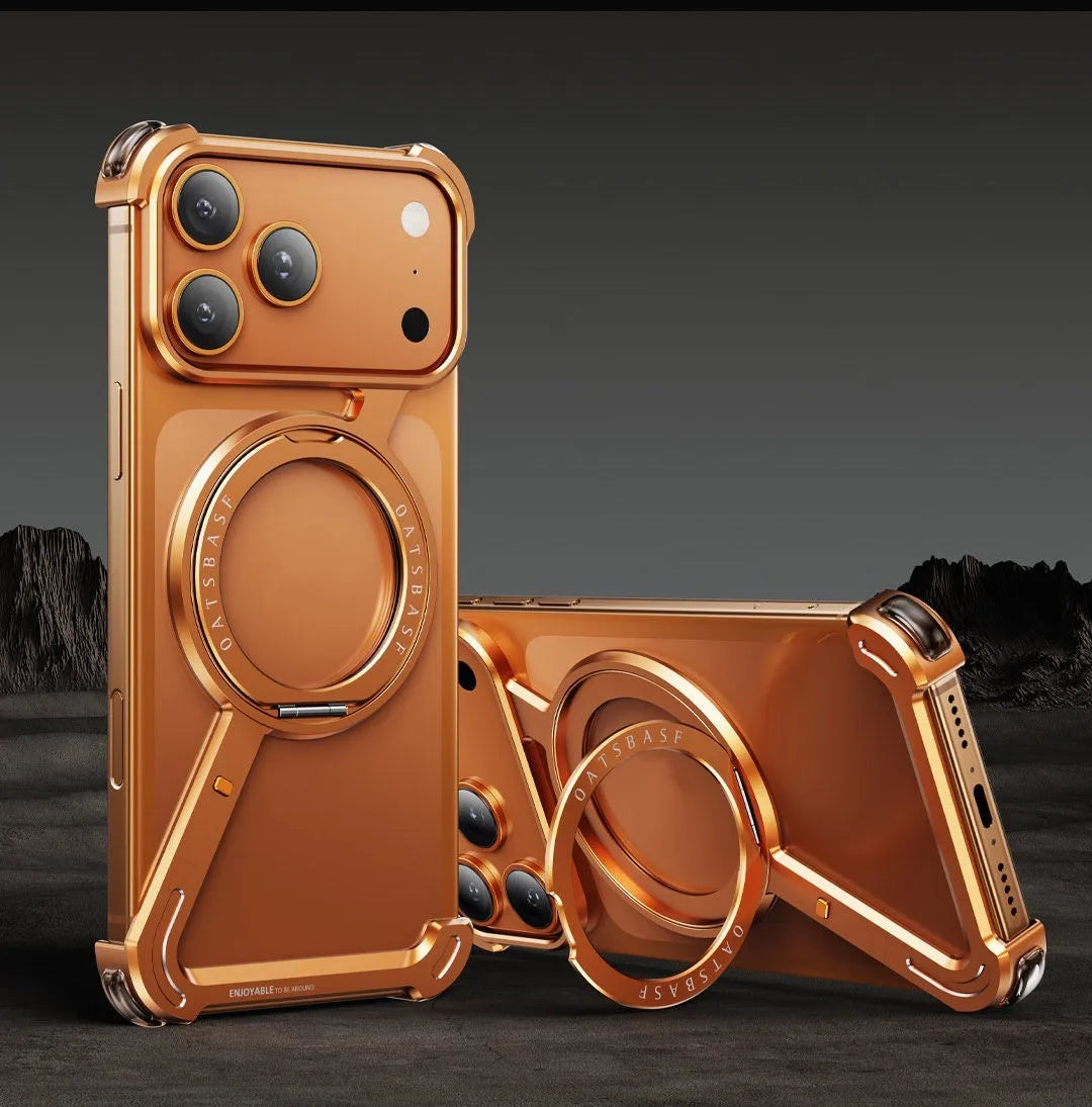 Black metal iPhone 17 Pro Max case with a magnetic kickstand bracket deployed.