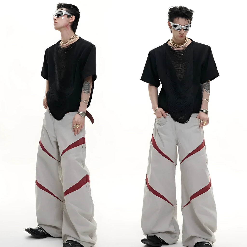 Men's black loose fit t-shirt with hollow out V-neck and three-dimensional cutting