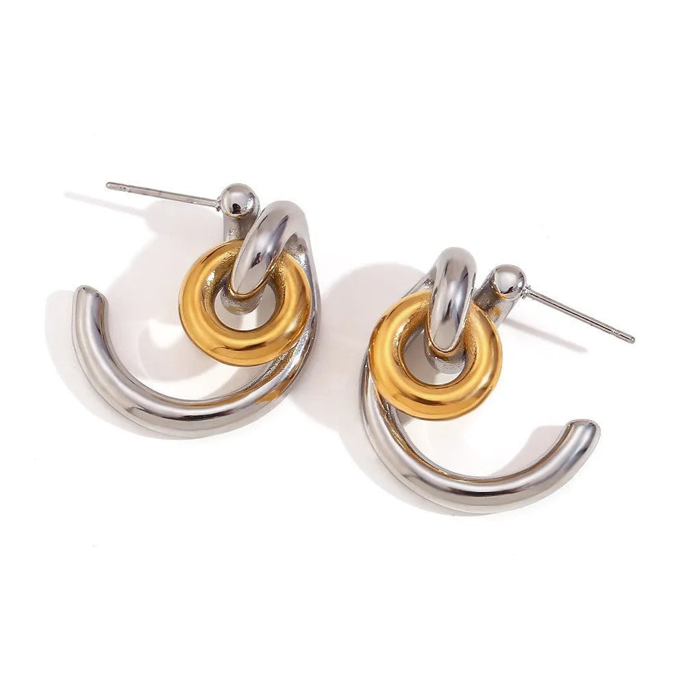Gold colour jewellery set with geometry round ring design including earrings, necklace, and bracelet