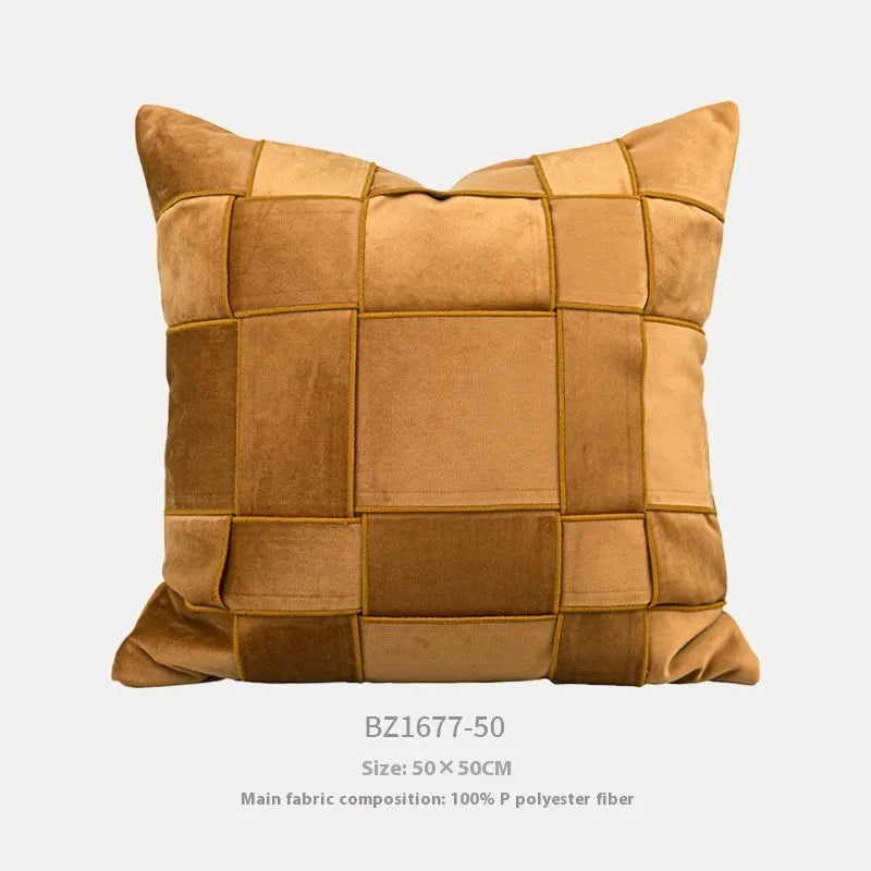Square chenille woven sofa cushion in beige colour with textured surface and feather velvet core