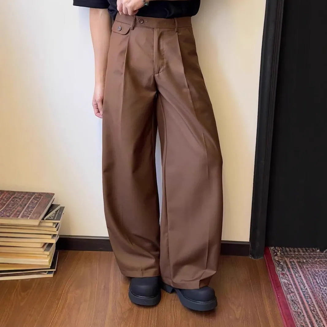 Men's straight loose wide-leg casual trousers in black and brown poly-blend fabric