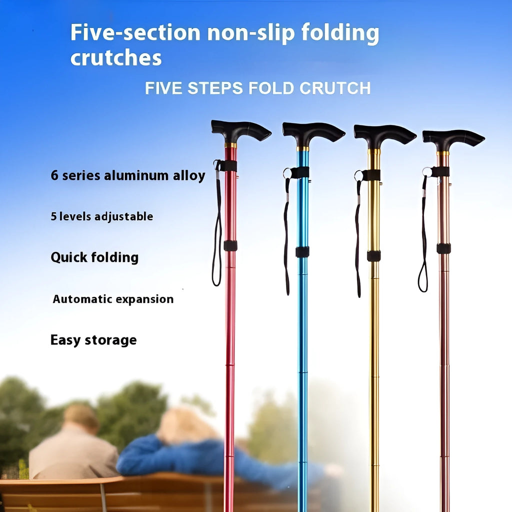 Aluminium folding walking stick extended to show adjustable length and non-slip rubber tip.