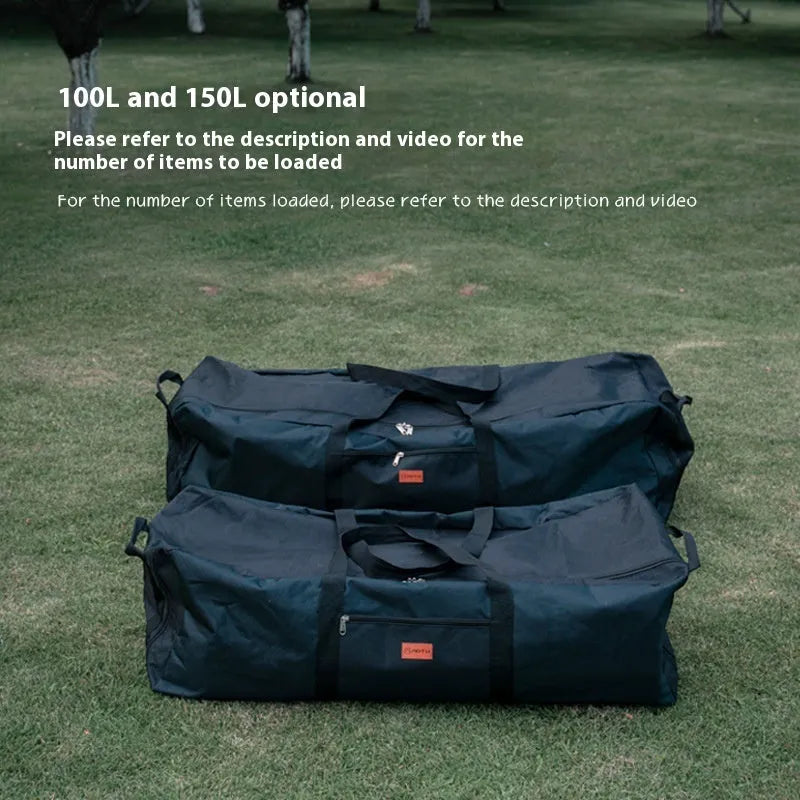 Green waterproof camping storage bag with carry handles, shown carrying a folding table and chairs.