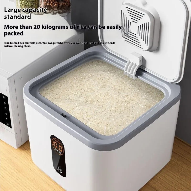 Gray sealed plastic rice jar with insect-proof lid and measuring cup for kitchen food storage
