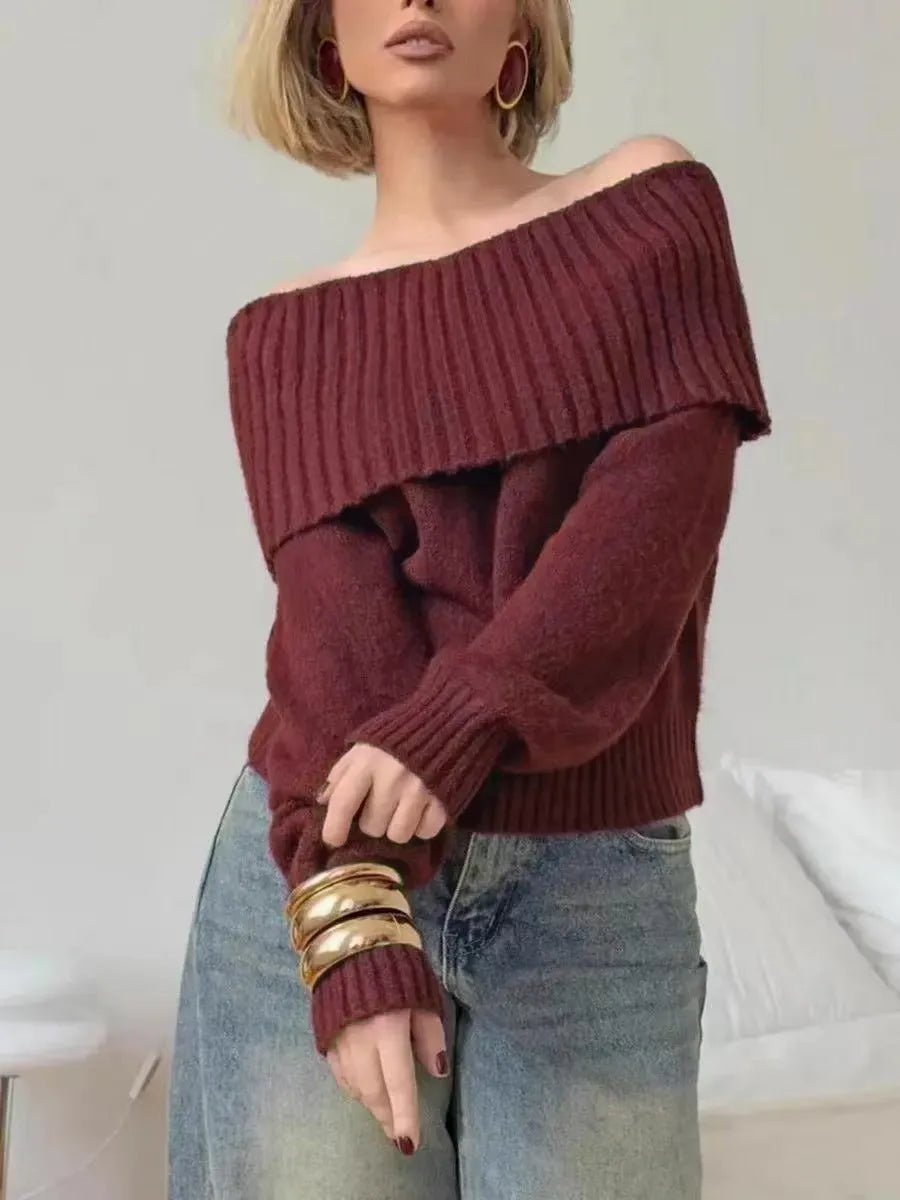 Off-the-shoulder grey acrylic sweater with 3D pattern effect and strapless design