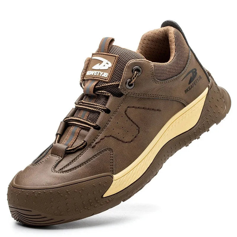Men's Flyknit leather work safety shoes with a rubber sole in black, shown in a side profile.